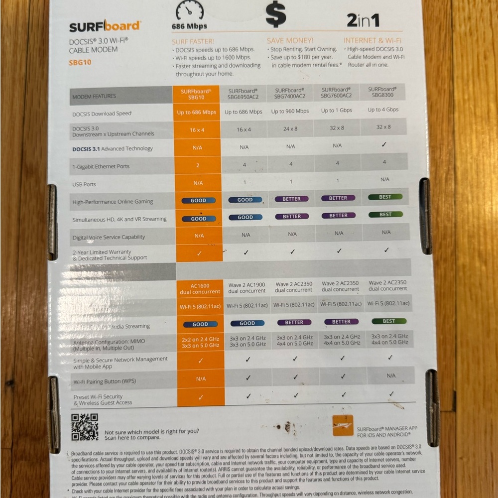 Arris Surfboard SBG10 DOCSIS 3.0 Cable Modem AC1600 WiFi Router – New Open Box - Picture 2 of 5